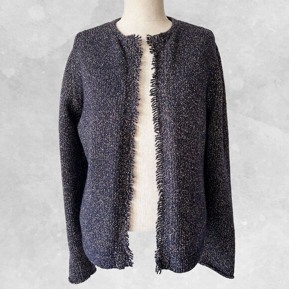 Eileen Fisher Marled Open Front Fringe Cardigan Sweater - Women's Size Petite M - Picture 2 of 7